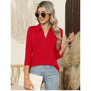 Chemise décontractée de travail pour femmes, col en V, manches 3/4, coupe ample, haut de travail de bureau, logo personnalisé OEM - Product Image 2