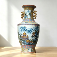 Vase en porcelaine émaillée antique de Jingdezhen, motif paysage coloré, avec doubles anses en forme de dragon, vase en céramique chinoise pour la décoration intérieure