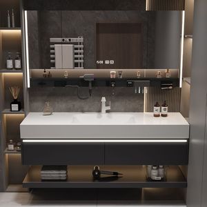 Bathroom Vanity <b>Combination</b> Grey Slab Countertop With Mirror Light And Storage Shelf - Product Image 4