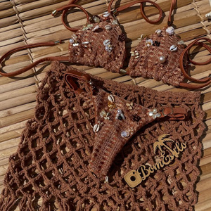 Triangle Sexy String Mini Micro Femmes Bikini Ensemble Haute Qualité Perals Charmes Décor Haute Coupe Crochet Tricot Dame Bikini Maillot De Bain - Product Image 3