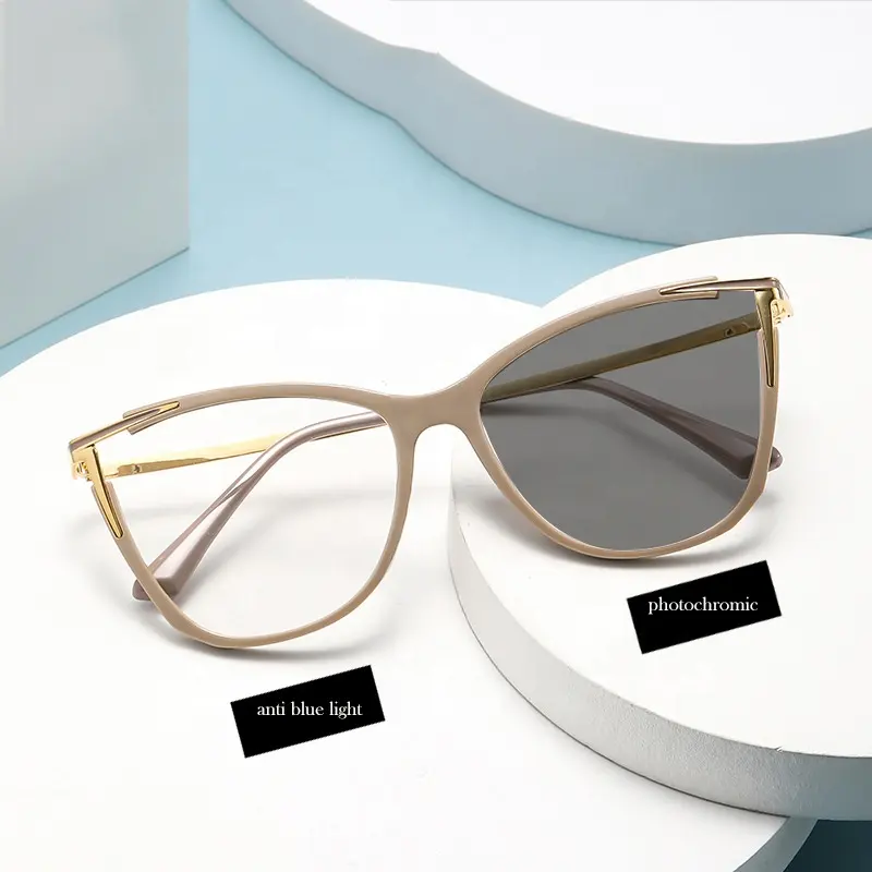 2024 New Fashion Color changing Custom logo Women Optical Blue Light optical Glasses Metal Cat Eye Photochromic Eyeglasses Frame
