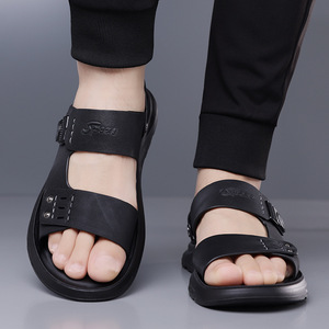 Men's Genuine Leather Solid Flat Sandals Open Toe Anti Slip Rubber Outsole Embossed Logo Casual <b>Beach</b> Driving Outdoor <b>Shoes</b> - Product Image 4