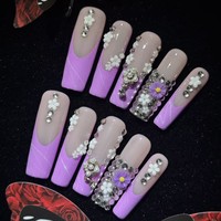 TK Faux Ongles Longs Carrés Faits Main à Presser, Motifs Floraux 3D Colorés, Tendance Printemps 2026, Vente Chaude