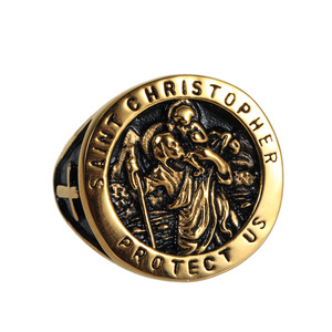 Bague religieuse antique Vintage pour hommes, médaille en relief solide, bague de protection en acier inoxydable américain - Product Image 2