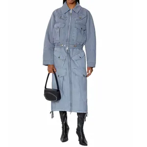 Falda larga de sarga de algodón con múltiples bolsillos para mujer, falda a la moda, personalizada, con cremallera