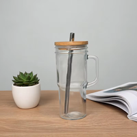 Gobelet esthétique en verre transparent avec poignée et couvercle en bambou, tasse réutilisable avec paille pour café glacé et boissons aux fruits