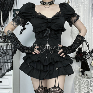 ブラックゴシックレディースドレスダークパンクガールベーシックスリムスカート新スタイルセクシーダーク流行スタイル - Product Image 3