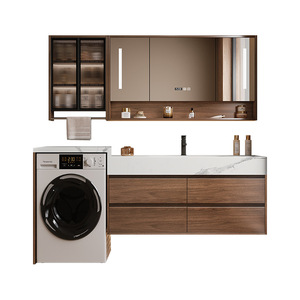 Meuble-lavabo de salle de bain moderne du milieu du siècle, en bois, avec dessus en marbre blanc, double tiroirs de rangement, miroir mural en MDF, garantie de 3 ans - Product Image 6