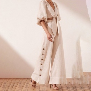Pantalon droit en coton et lin taille haute pour femme, coupe ample et élégante avec boutons, ensemble deux pièces - Product Image 2
