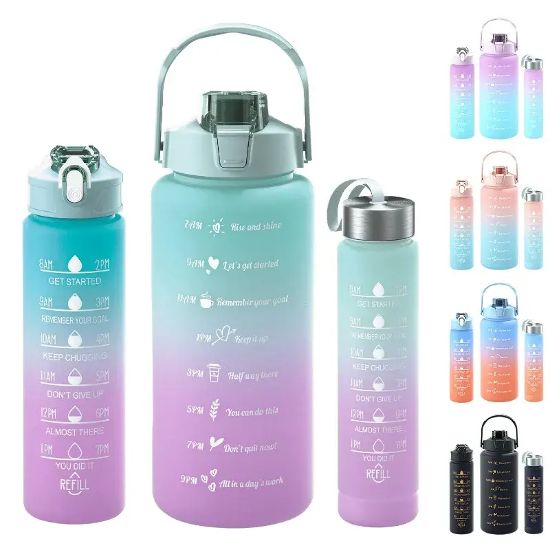 Vente en gros 3pcs set 2000ml 900ml 300ml bouteille d'eau en plastique dégradé bouteilles d'eau en plastique portable givré 2L