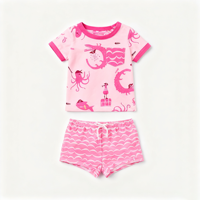 Zwemset voor peutermeisjes met piraten-zeedierenprint, korte mouwen, rashguard, golfprint, elastische shorts met trekkoord