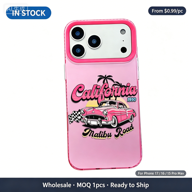 Cute American Retro California Beach Pink Classic Car Pattern Anti-Scratch Phone Case for iPhone 17/15 Pro Max & Plus Series