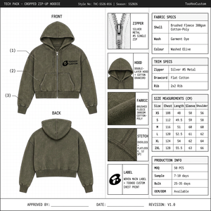 Sweat à capuche zippé court en molleton brossé coton-poly 380 g/m² couleur olive délavée, anti-boulochage, avec poche kangourou et épaules tombantes - Product Image 2