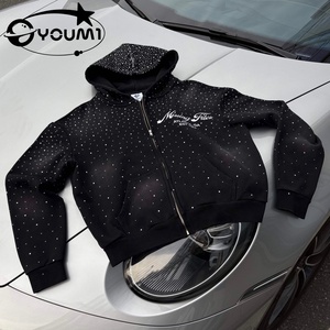 Sudadera con Capucha Personalizada YOUMI para Hombre, 100% Algodón, 500 g/m², Efecto Desgastado por el Sol, Cierre de Cremallera, Bordado con Pedrería, Estilo Urbano, Oversize, Vintage, Y2K - Product Image 1