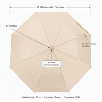 Parapluie compact esthétique minimaliste à 2 plis, couleur beige fromage, manche en bois de frêne, sans PFAS, conforme REACH, cadeau personnalisé de créateur