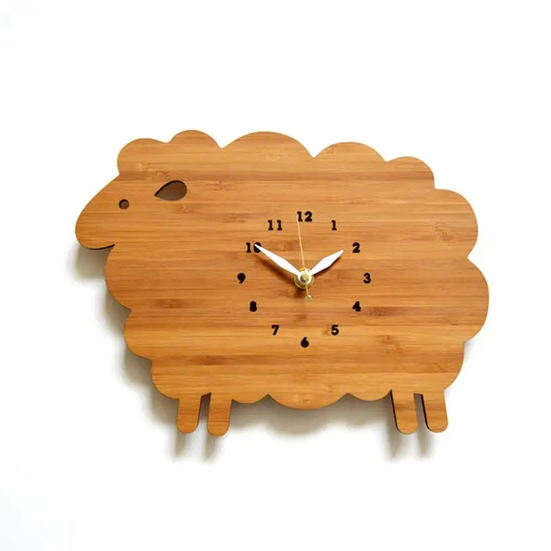 Relógio de parede pastoral moderno de madeira para ovelhas desenho animado bonito cordeiro relógio de quartzo decoração