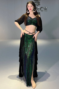 Ensemble de costumes professionnels avec haut à manches longues et jupe à paillettes brillantes pour la <span class=keywords><strong>danse</strong></span> <span class=keywords><strong>orientale</strong></span> - Product Image 3