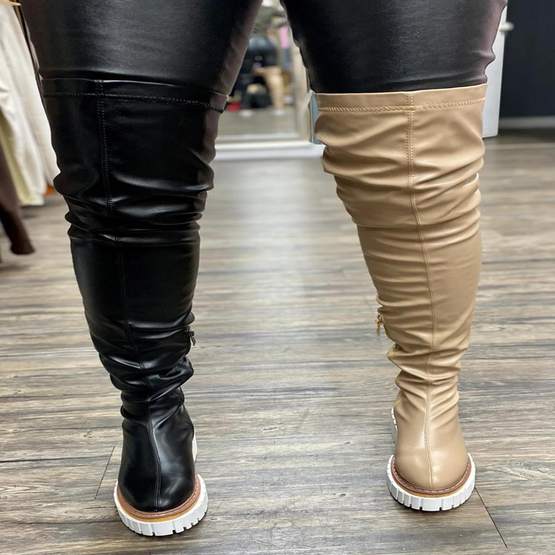 Botas femininas de salto plano e acima do joelho, botas longas com design personalizado, tamanho 43 para inverno