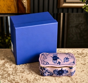 <b>Light</b> Blue Porcelain Jewelry Box With Dark Blue Floral Print Gold Edge For <b>Vanity</b> Table Decoration - Product Image 2