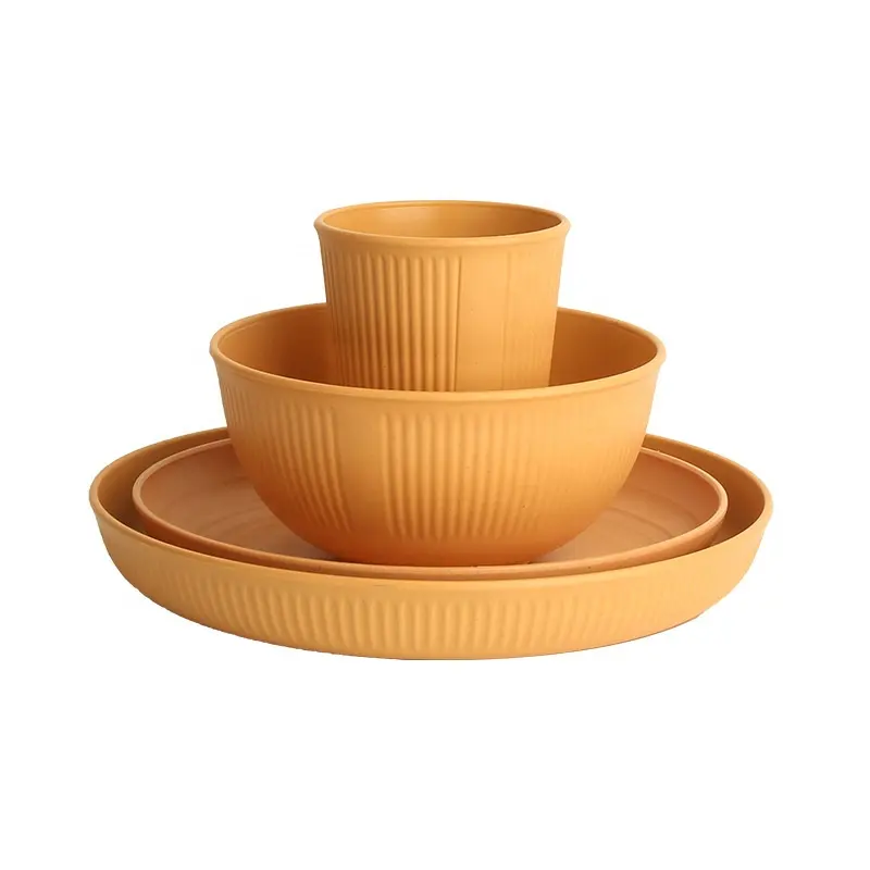 Wheat straw tableware set 4 pieces/set reusable circular plate rice bowl water cup children's plastic cutlery set