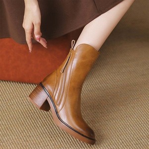 Bottines à talons épais d'automne, style britannique, fermeture éclair latérale, talons hauts, bout rond rétro, bottes Martin pour femmes - Product Image 5