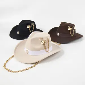 Chapeaux de luxe en feutre de laine pour femmes rétro reine d'angleterre tête chaîne chapeaux de chanvre debout bord pêche coeur haut Jazz chapeau