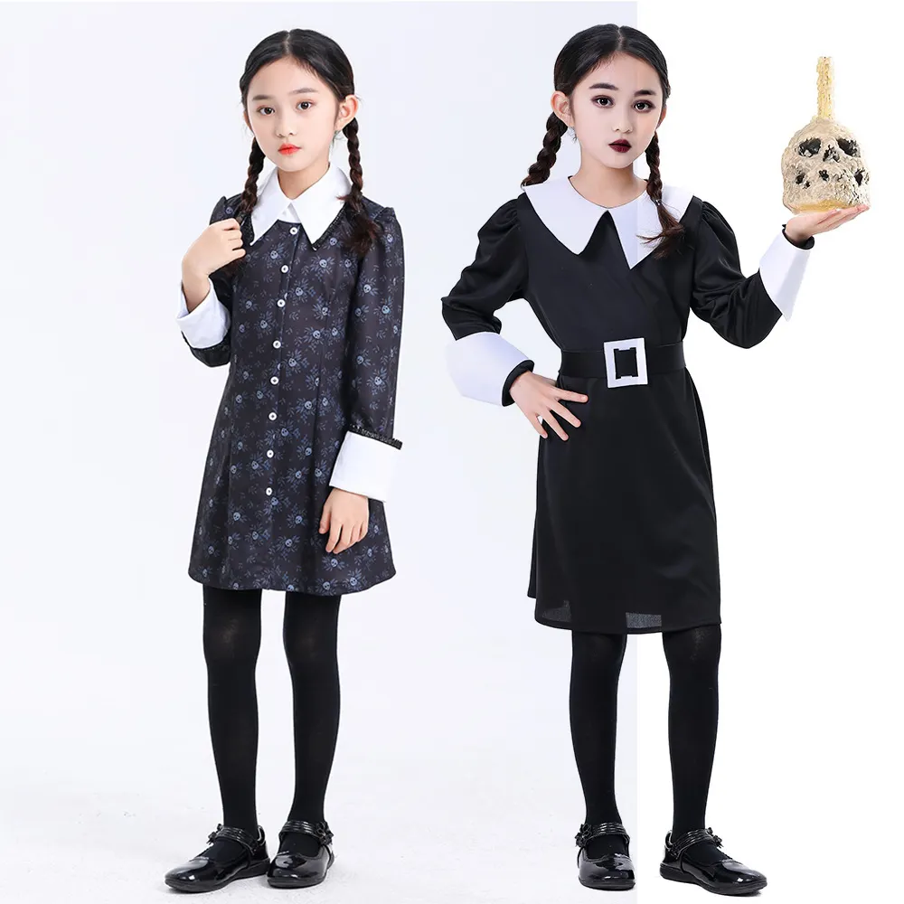 Gran oferta chica miércoles familia Addams Cosplay gótico vestido negro para niños disfraces de fiesta temática de Halloween