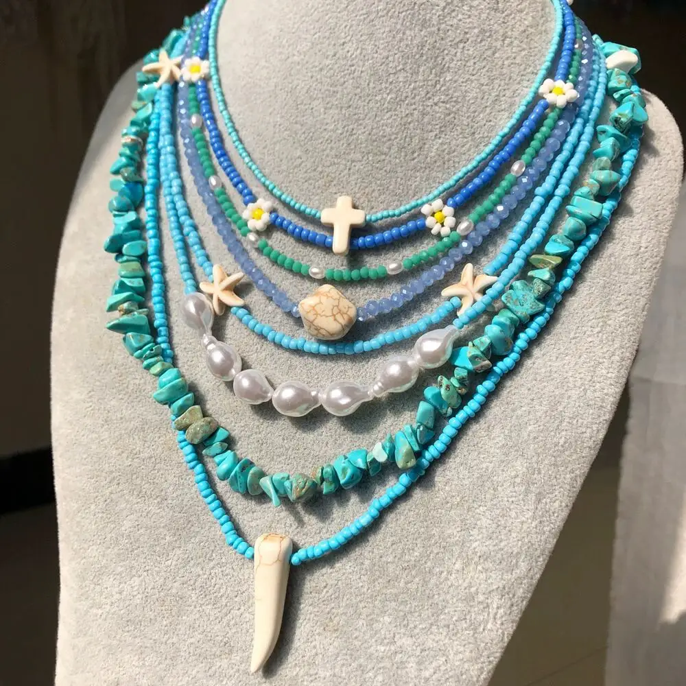 B739 Handmade Blue Farbe geschichtete Perlen Perlenkette Türkis Stein Halskette Blumen kreuz Afrika Schmuck für Frauen
