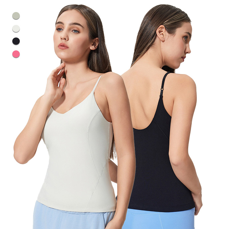 D25058 Women Deep V-Neck Sexy Sleeveless Breathable Yoga Vest Medium Support with Padding Adjustable Straps Running Gym Vest
