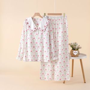 Conjunto de Pijamas de Maternidad Personalizados al por Mayor, 100% Algodón, Color <span class=keywords><strong>Rosa</strong></span>, <span class=keywords><strong>con</strong></span> Bordado Floral, Cuello de Encaje, Tela Tejida, Manga Larga, Ropa de Dormir para Mujer - Product Image 3
