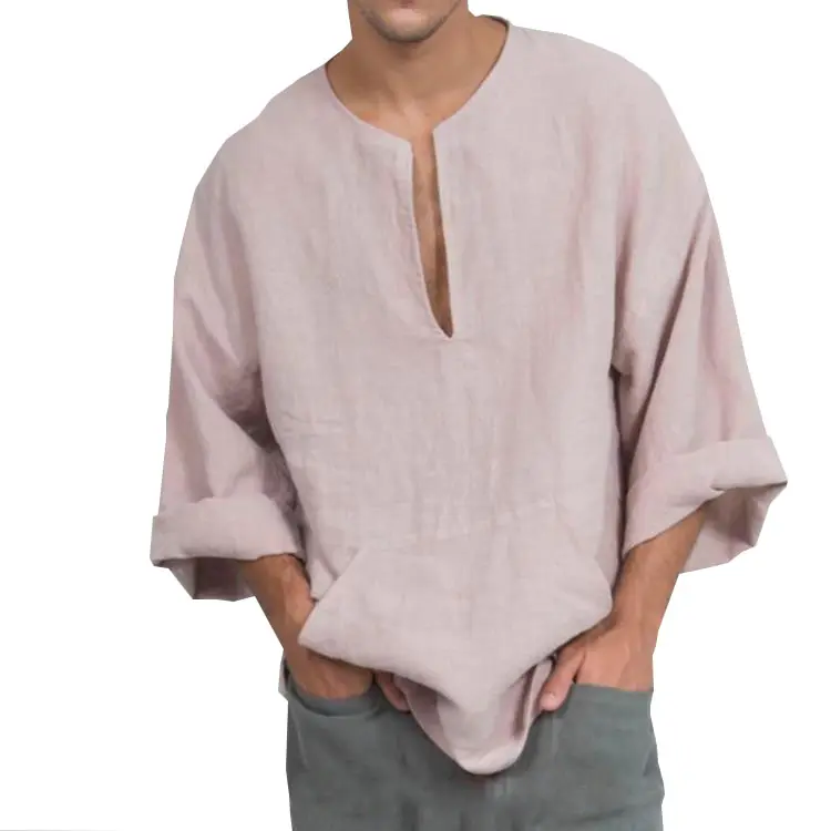 New Spring Mens Long Sleeve Cotton Linen Shirts V Collar Man T Shirts Casual Linen Cotton Shirt Men wholesale