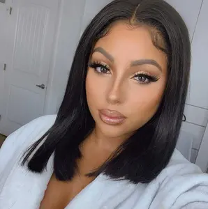 Glue Less Bob Human Hair Wigs with Bangs Brazilian Hair Long Lace Front Wigs Transparent Swiss Lace Average Size 10-30inch