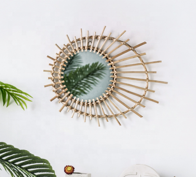 Indonesian rattan dressing makeup mirror creative art decoration round mirror B&B living room porch wall hanging mirror