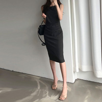 2025 été nouveauté élégant col rond sans manches robes mi-longues Sexy bureau dame minceur droite formelle impression numérique