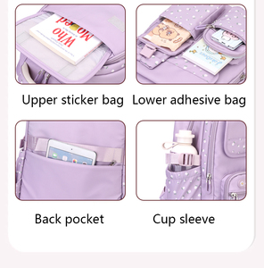 Nuovo Zaino Scolastico 2026 per Bambini con Stampa Floreale Viola Pastello, Fiocco e Ciondolo a Palla in Peluche, Impermeabile - Product Image 5