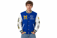 Blouson universitaire unisexe d'automne avec fermeture éclair, broderie lettre M, patch bouledogue, col côtelé, manches en cuir PU - En stock, ODM, OEM, personnalisable