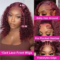 Perruque Bob Deep Water Wave 99J Bourgogne en Cheveux Humains Brésiliens Remy 13x4 avec Dentelle Transparente Courte Bouclée Pré-Pluckée