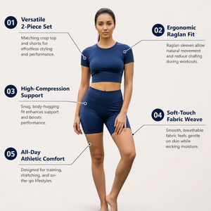 Ensemble de yoga sans couture bleu marine premium avec haut court ajusté à manches courtes et mini-short sculptant taille haute pour l'entraînement physique - Product Image 2