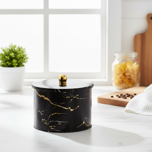 Mango de perilla de recipiente redondo de Metal de 4L de capacidad de mármol negro 175x130mm Almacenamiento de alimentos secos para cocina espacio de almacenamiento de 2.9L - Product Image 3