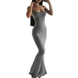 Women Elastic Tight Temperament Long Skirt Solid Color Knit Sling Dress Sexy Sundresses Skinny Suspender Dress