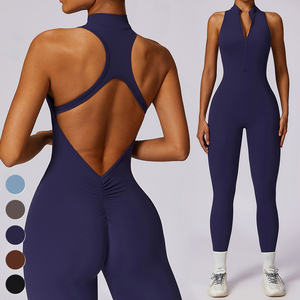 Femmes séchage rapide Spandex/Nylon Gym Fitness body col montant fermeture éclair creux dos entraînement combinaison une pièce Yoga pleine longueur - Product Image 5