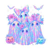 Transferencia DTF de Fantasma con Lazo Pastel Lista para Planchar, Gráfico Holográfico de Fantasma Lindo y Espeluznante para Camisetas de Halloween