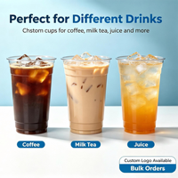 Gobelets en plastique PET transparents personnalisables, écologiques et durables, avec logo sur mesure pour café, milkshakes et boissons froides (plats)