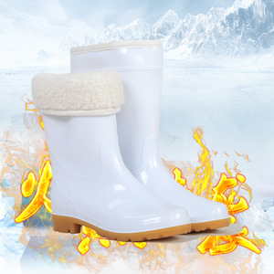 White Mid-Calf Rain Boots Fleece Lined <b>Waterproof</b> Oil Resistant Rubber Sole Unisex PVC <b>Material</b> Anti-Slip - Product Image 1