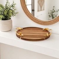 Plateau de service moderne de luxe en bois avec poignées en métal doré en forme de branche d'oiseau, plateau décoratif abstrait en bois massif pour table basse