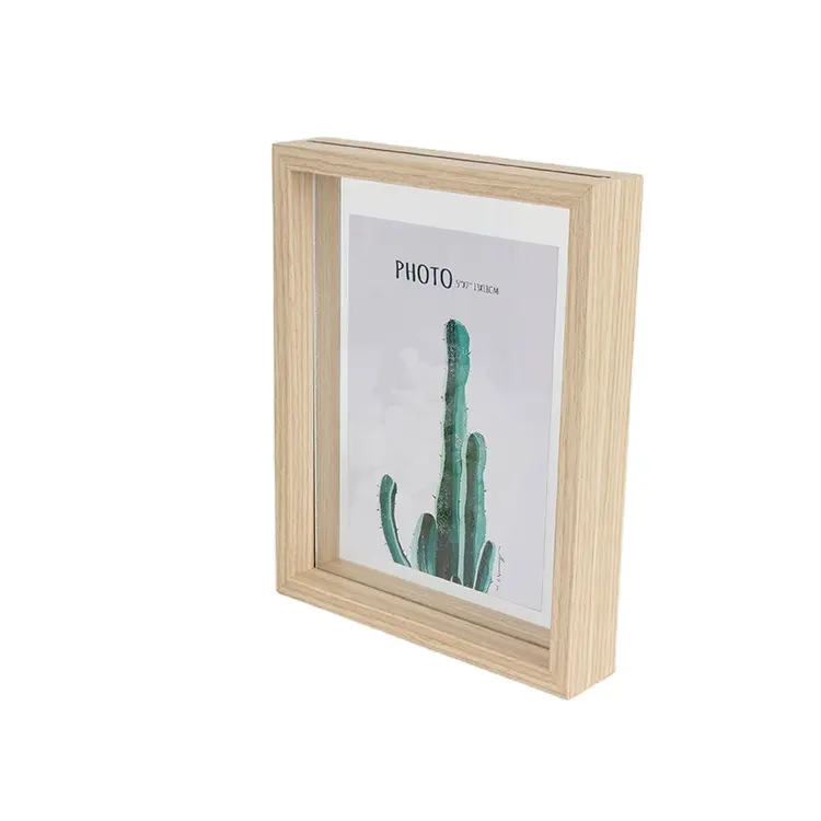 Acrylic 3D Shadow box frame+ Floating Wooden Photo Frame +5'' *7" Size Natural Wood +Table Stand Double Sided Display