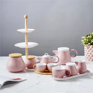 茶具带茶壶储藏罐下午茶套装咖啡套装蛋糕点心架哑光瓷器，适合北欧风格的粉色