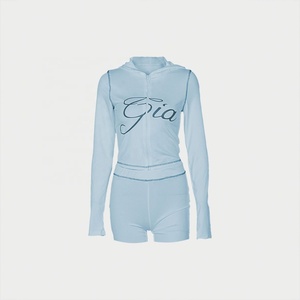 2026 Summer Custom Two Piece <strong>Jersey</strong> Loungewear Crop Top Hoodie Sets Zip Jacket Track Women Shorts Set - Product Image 4