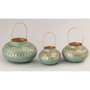 Turquoise Metal Lantern <b>Set</b> Of 3 Round With Gold Accents And Handle - Product Image 1