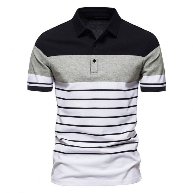 2023 Summer New Fashion Mens Striped T-shirt Stitching Contrast Color Short-sleeved Collar Shirt Men Striped T-shirt